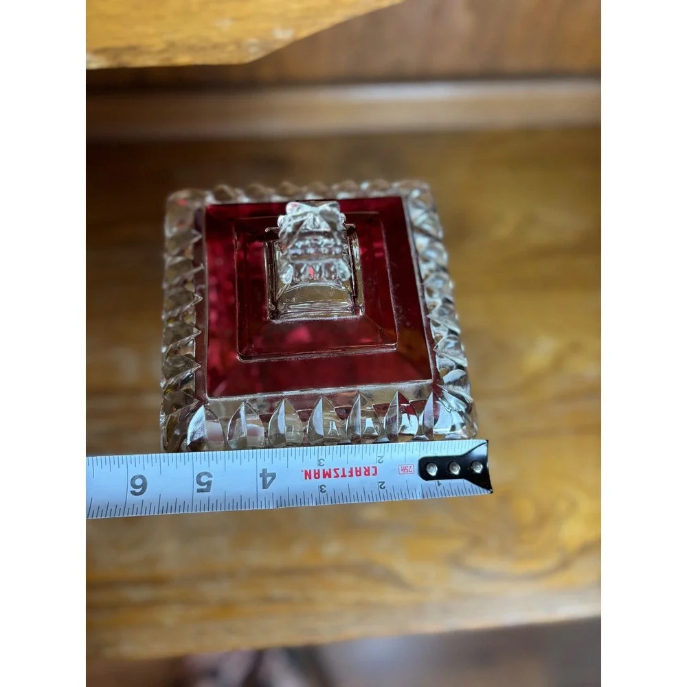 Vintage Smith Glass Ruby Red Clear Pedestal Candy Dish Lid Square Compote